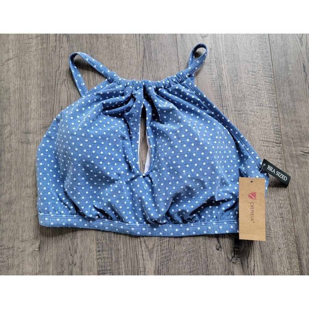 NWT Cremieux 36DD PolkaDot High Neck Bikini Top Blue White Cutout Bra Sized Swim